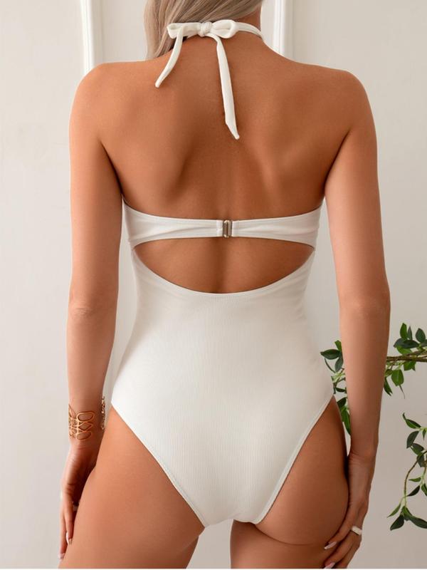 Women's Solid Cut Out O-ring Halter One-piece Swimsuit, Casual Tie Back Backless Swimwear For Summer, Fashion Women's Swimsuit For Beach Holiday Vacation