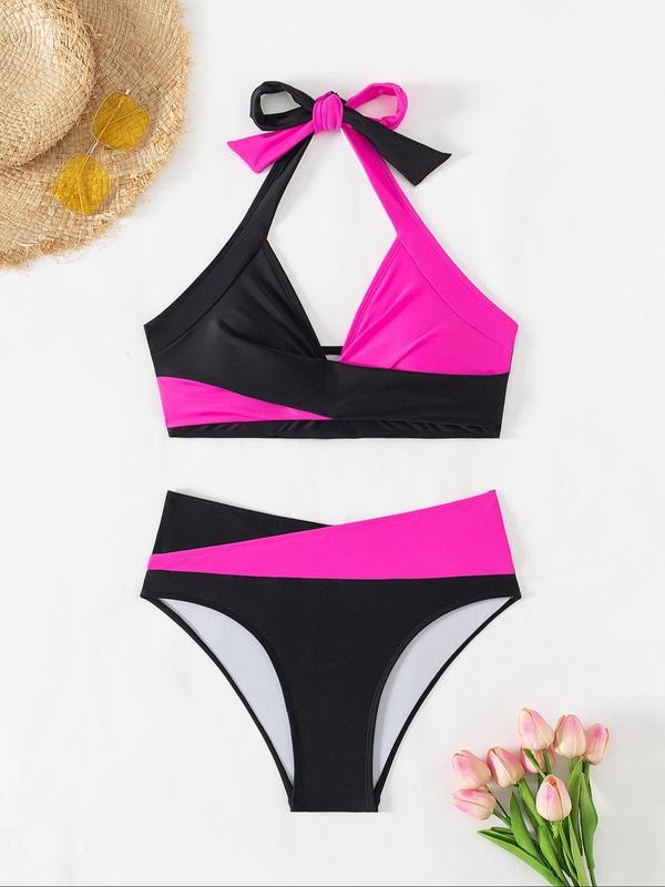 Two-Piece Set Women's Colorblock Criss Cross Halter Bikini Set, Casual Wrap Swim Top & Swim Bottom Two-piece Swimsuit for Beach Holiday Vacation, Ladies Swimwear for All Seasons