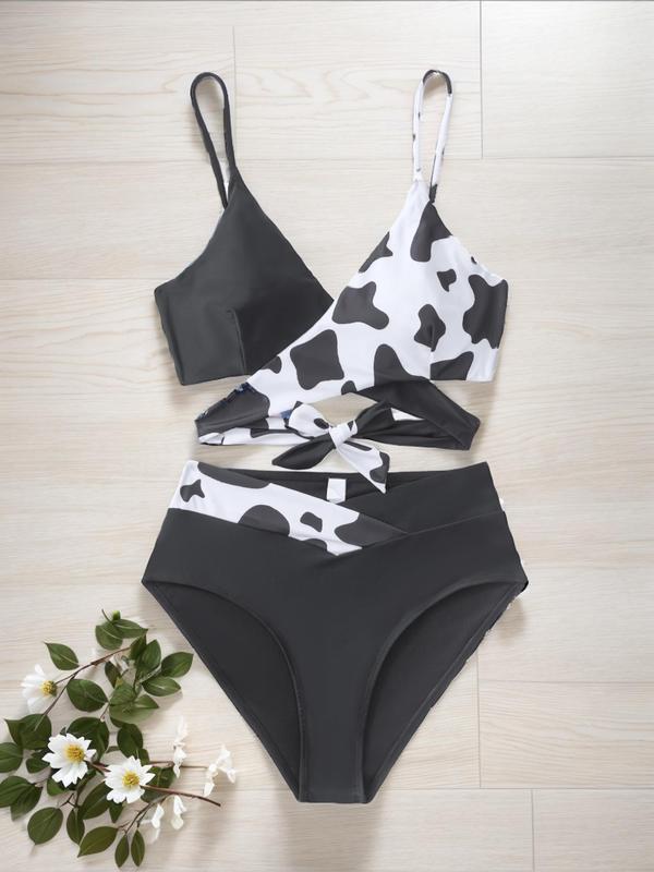 Two-piece Set Women's Colorblock Cow Print Criss Cross Wrap Bikini, Casual Knot Back Swim Top & Swim Bottom, Summer Clothes, Summer Swimwear for Vacation Holiday Beach, Ladies Back To School Bikini Sets, Bathing Suits Women