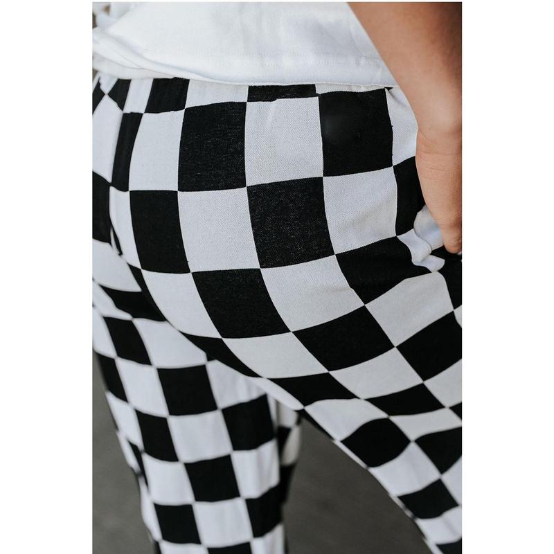 Black Checkerboard Elastic Waist Pocketed Joggers Pants