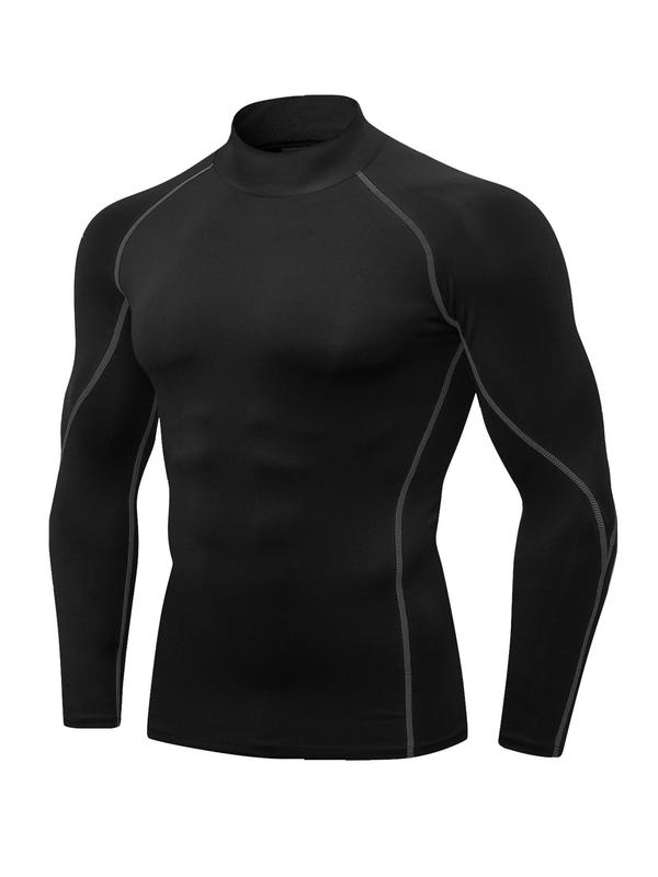 Men's Solid Long Sleeve Mock Neck Sports Compression Tee, Workout Tops, Quick Drying Breathable Raglan Sleeve T-shirt, Casual Sporty Top for Spring & Fall, Fall Outfits, Fallfreshness Clothes Football Accessories, Gym Clothing