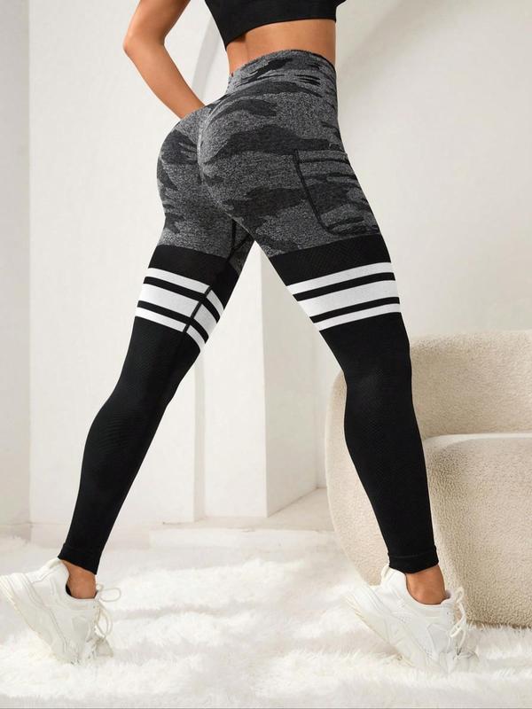 Women's Camo & Striped Print High Waist Pocket Sports Leggings, Casual Comfy Breathable Skinny Pants for Yoga Gym Workout Running, Ladies Sportswear for All Seasons