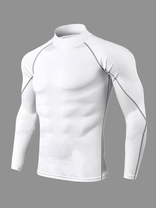 Men's Solid Long Sleeve Mock Neck Sports Compression Tee, Workout Tops, Quick Drying Breathable Raglan Sleeve T-shirt, Casual Sporty Top for Spring & Fall, Fall Outfits, Fallfreshness Clothes Football Accessories, Gym Clothing