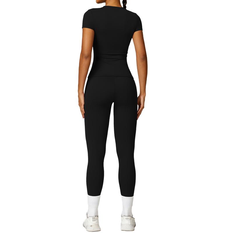 Women's Breathable Nylon Short Sleeve Crop Top and Skinny Leggings Tracksuit Set for Yoga Gymwear Workout in All Seasons