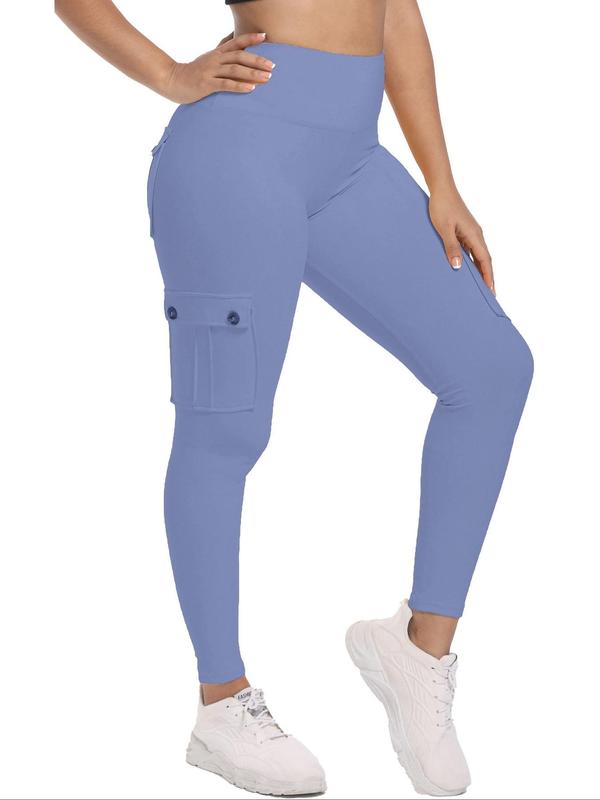 Women's Plain High Waist Pocket Button Sports Tummy Control Leggings, Casual Comfy Breathable Skinny Pants for Yoga Gym Workout Running, Ladies Sportswear for All Seasons, Women Sport & Outdoor Clothing, Fall Outfits 2024