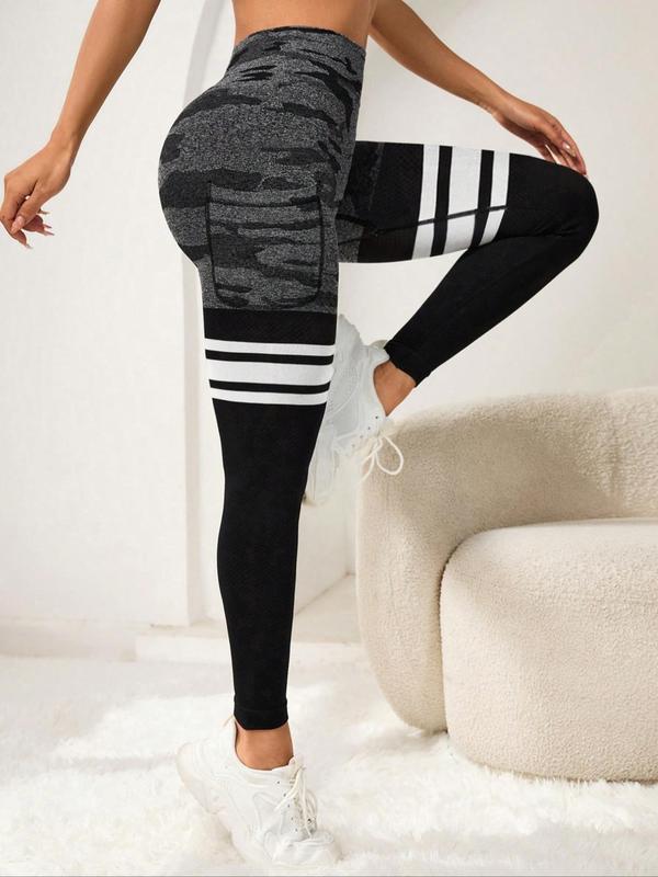 Women's Camo & Striped Print High Waist Pocket Sports Leggings, Casual Comfy Breathable Skinny Pants for Yoga Gym Workout Running, Ladies Sportswear for All Seasons