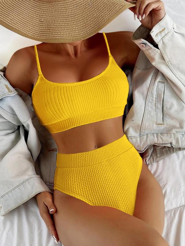 Women's Plain Ribbed Bikini Set, Casual Wireless Swim Bra & High Waist Swim Panty, Ladies Two-piece Swimsuit for Summer Beach Holiday Vacation