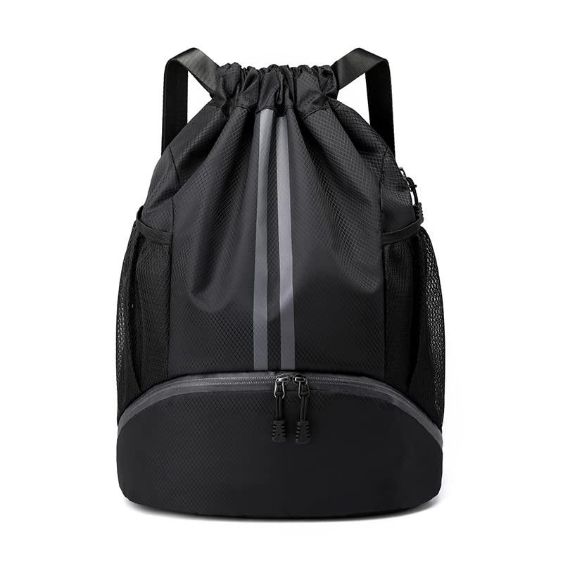 Black Drawstring Gym Bag for Men, Waterproof Drawstring Backpack for Women, Swim Bag with Shoes Compartment, Pull String Sport Bag for Soccer and Basketball.