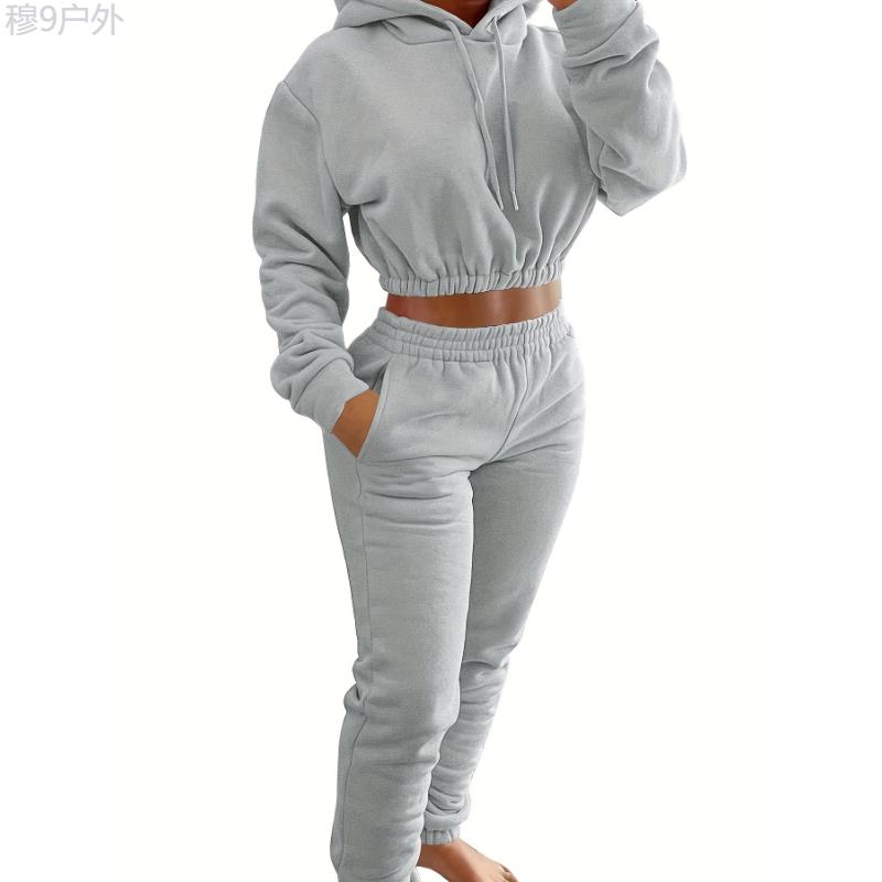 2pcs Stylish Fleece Lined Elastic Hem Sports Suit - Women's Activewear, Long Sleeves Drawstring Hooded Top & Jogging Pant Set, Comfortable Sporty Outfit for Fitness, Running, and Casual Wear