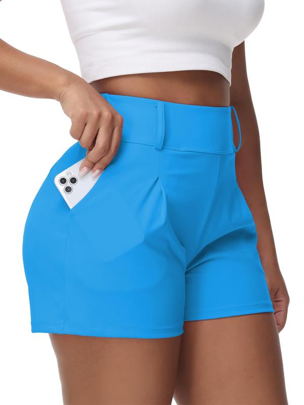 Women's Solid Pocket High Waist Sports Shorts, Casual Comfy Breathable Plicated Shorts for Workout Running, Gym Shorts, Ladies Sportswear, Gym Clothes for Women, Sports Shorts for Women,