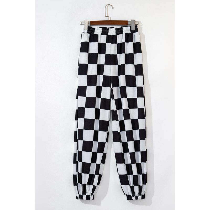 Black Checkerboard Elastic Waist Pocketed Joggers Pants