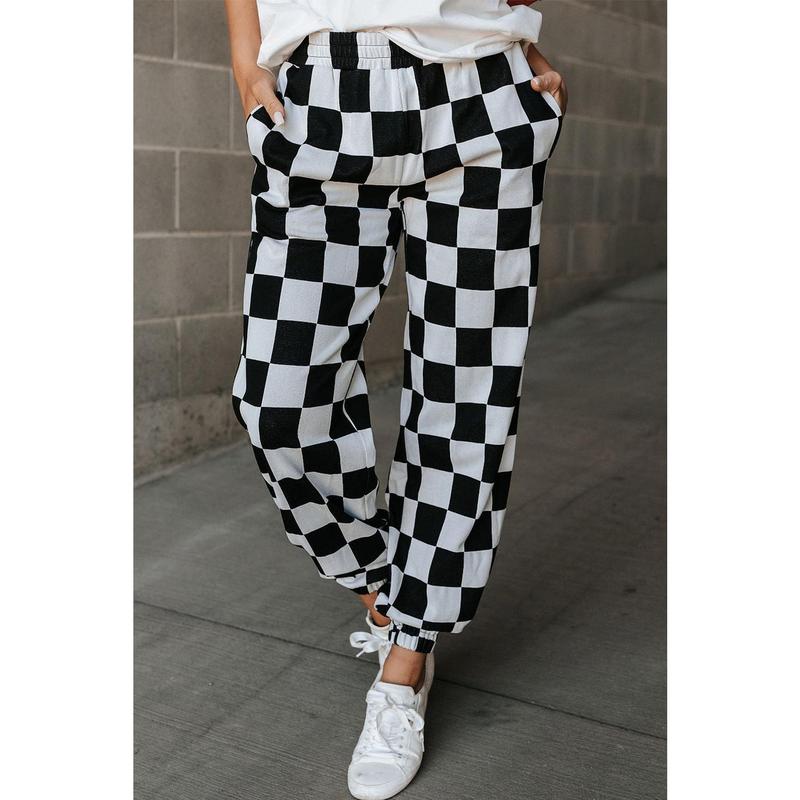 Black Checkerboard Elastic Waist Pocketed Joggers Pants