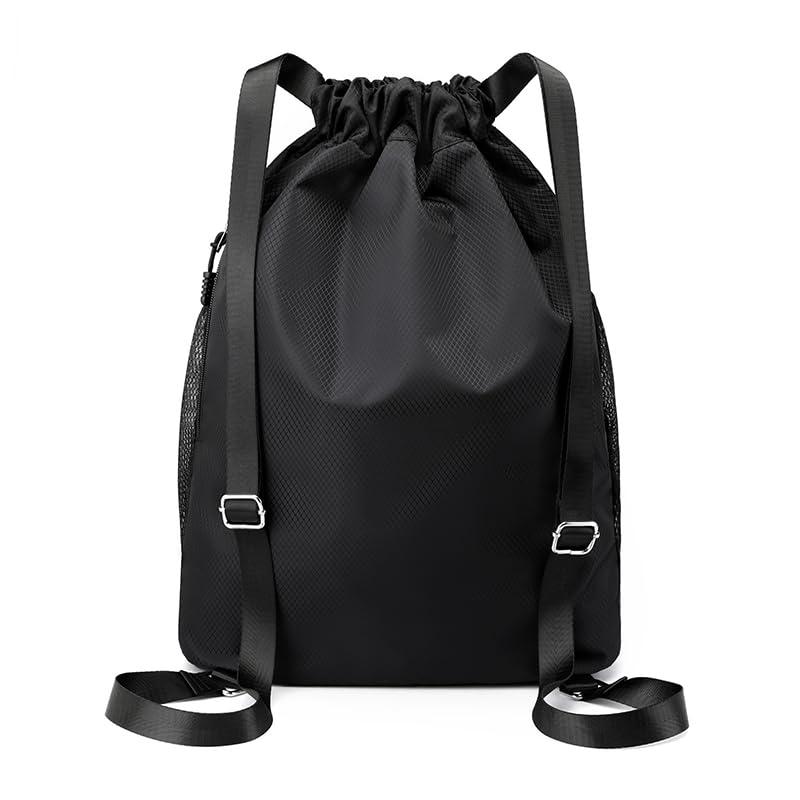 Black Drawstring Gym Bag for Men, Waterproof Drawstring Backpack for Women, Swim Bag with Shoes Compartment, Pull String Sport Bag for Soccer and Basketball.