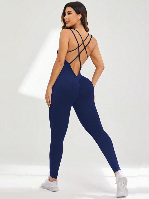 Women's Solid Criss Cross Backless Sports Cami Jumpsuit, Sporty Sleeveless Scoop Neck Tummy Control Jumpsuit for Yoga Gym Workout, Gym Clothes, Ladies Sportswear for All Seasons, Jumpsuit for Women, Minimalistic Outfit