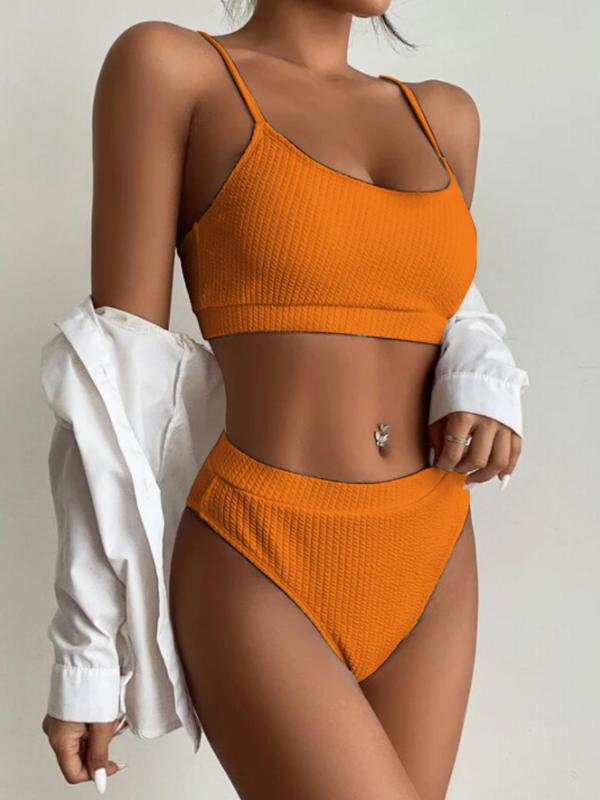 Women's Plain Ribbed Bikini Set, Casual Wireless Swim Bra & High Waist Swim Panty, Ladies Two-piece Swimsuit for Summer Beach Holiday Vacation