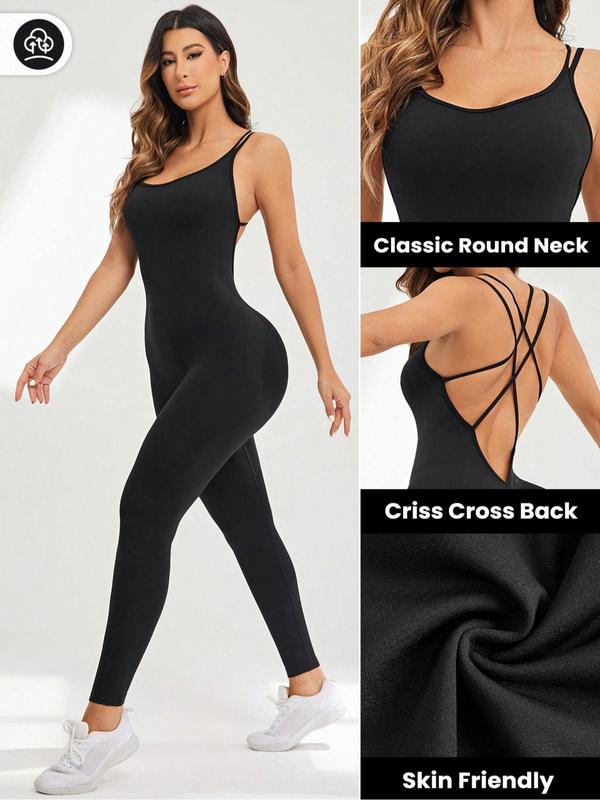 Women's Solid Criss Cross Backless Sports Cami Jumpsuit, Sporty Sleeveless Scoop Neck Tummy Control Jumpsuit for Yoga Gym Workout, Gym Clothes, Ladies Sportswear for All Seasons, Jumpsuit for Women, Minimalistic Outfit