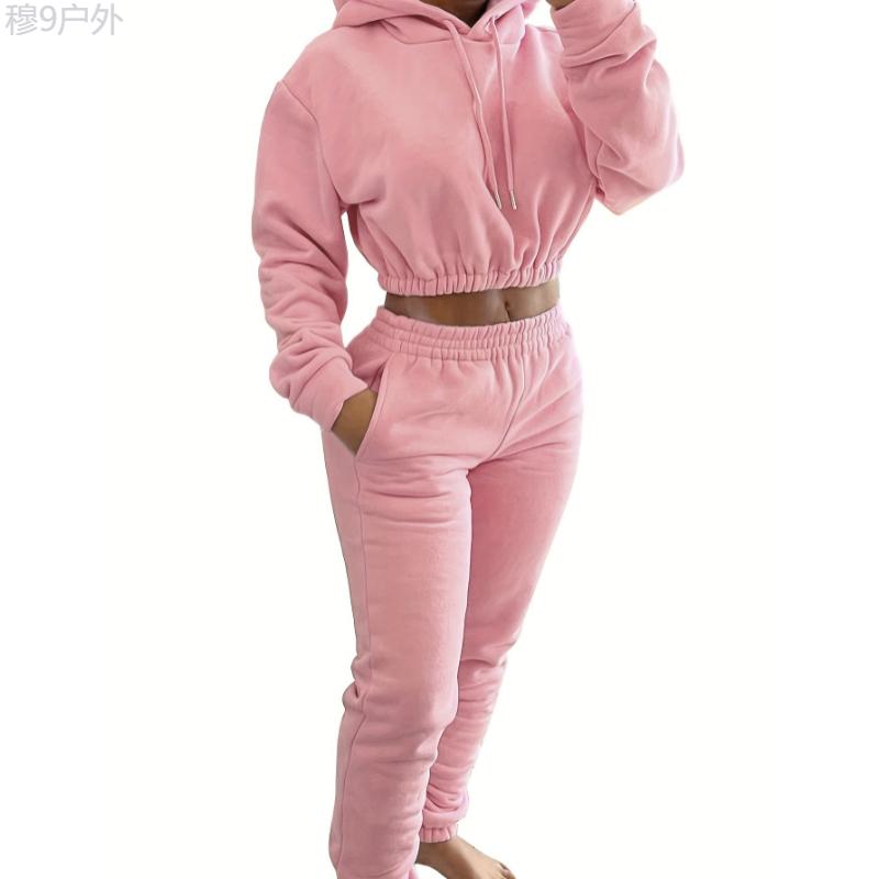 2pcs Stylish Fleece Lined Elastic Hem Sports Suit - Women's Activewear, Long Sleeves Drawstring Hooded Top & Jogging Pant Set, Comfortable Sporty Outfit for Fitness, Running, and Casual Wear