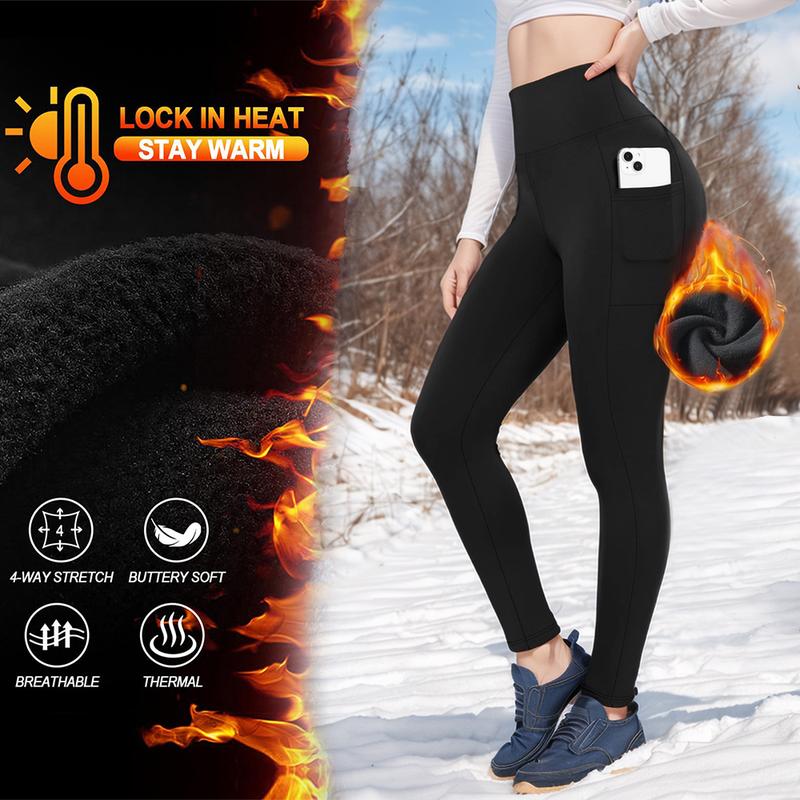 High-Stretch Fleece Yoga Pants with Pocket, Women's Solid Color Activewear Leggings for Running Fitness Sports