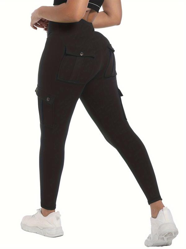 Women's Plain High Waist Pocket Button Sports Tummy Control Leggings, Casual Comfy Breathable Skinny Pants for Yoga Gym Workout Running, Ladies Sportswear for All Seasons, Women Sport & Outdoor Clothing, Fall Outfits 2024