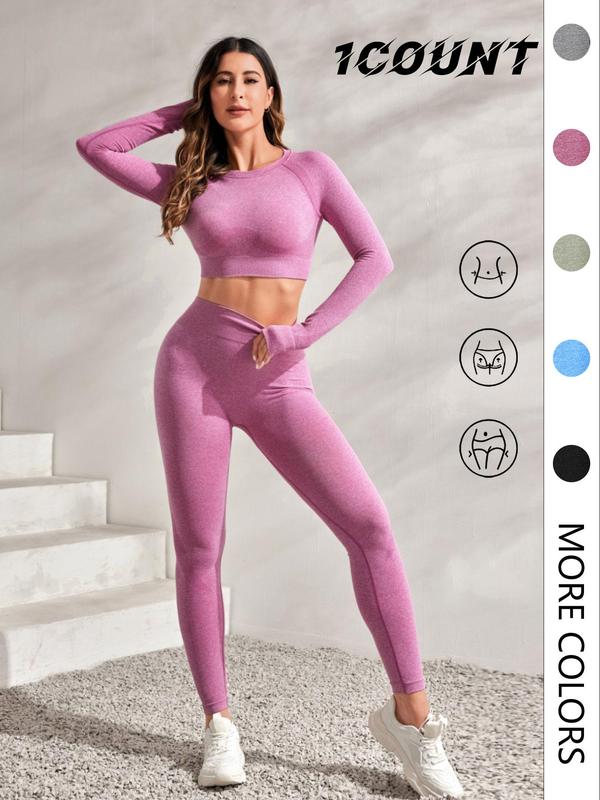 Women's Plain Cut Out Crop Top & High Waist Leggings Tracksuit Set, Sporty Long Sleeve Top & High Stretch Yoga Pants,  Tracksuit for Women, Summer Sportswear Clothing, Jogging Suit Set