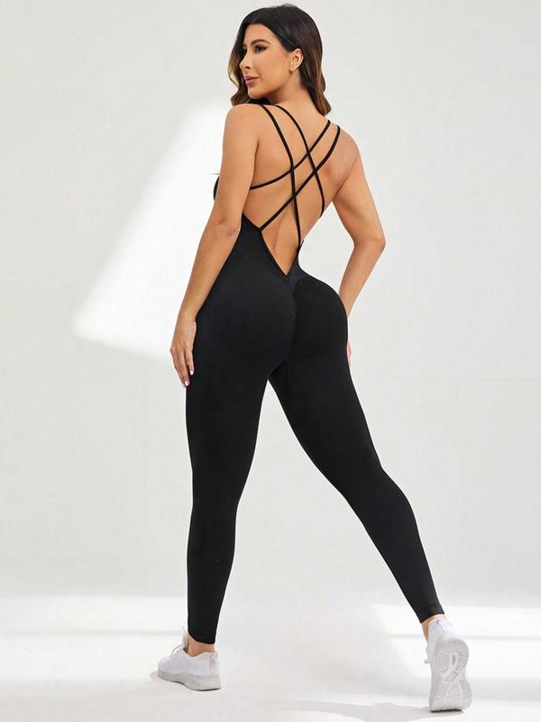 Women's Solid Criss Cross Backless Sports Cami Jumpsuit, Sporty Sleeveless Scoop Neck Tummy Control Jumpsuit for Yoga Gym Workout, Gym Clothes, Ladies Sportswear for All Seasons, Jumpsuit for Women, Minimalistic Outfit