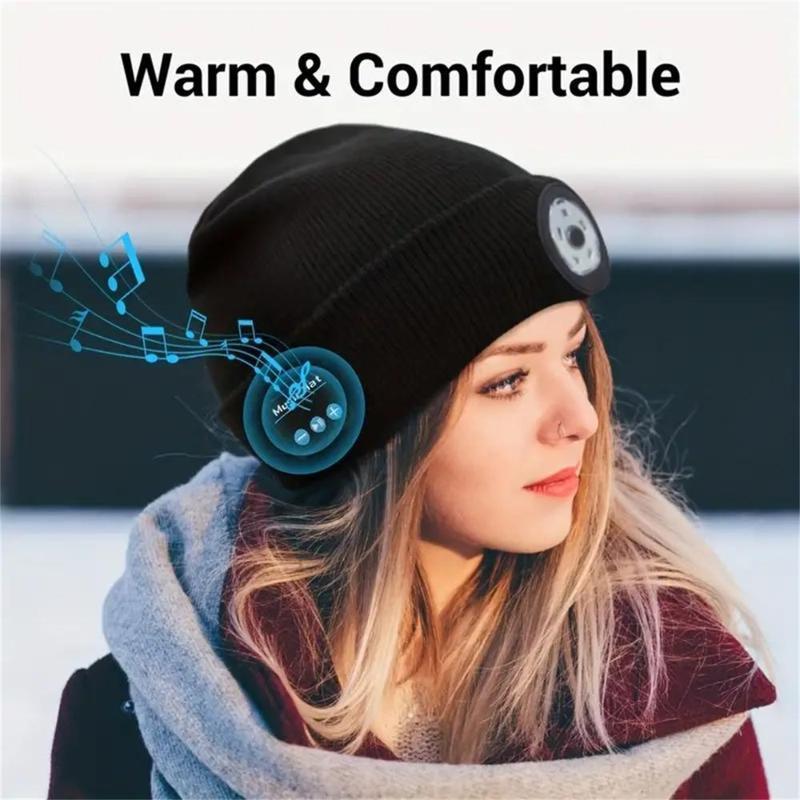 Wireless Bluetooth Beanie Hat with Built-in Headphones & Light, Soft Warm Stylish Upgraded Musical Knitted Cap with Headphone and Built-in Stereo Speakers & Mic, Unisex LED Hat for Running Hiking, for Men Women Dad