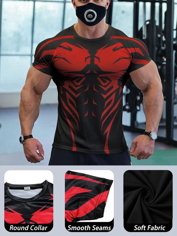 Sporty Men's All Over Print Round Neck Sports Tee, Tight-Fitting Sport Raglan Sleeve T-Shirt for Gym Workout Running, Sportswear for Men