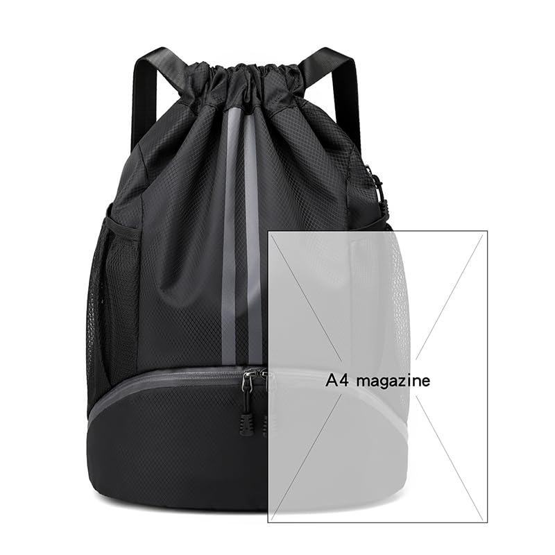 Black Drawstring Gym Bag for Men, Waterproof Drawstring Backpack for Women, Swim Bag with Shoes Compartment, Pull String Sport Bag for Soccer and Basketball.