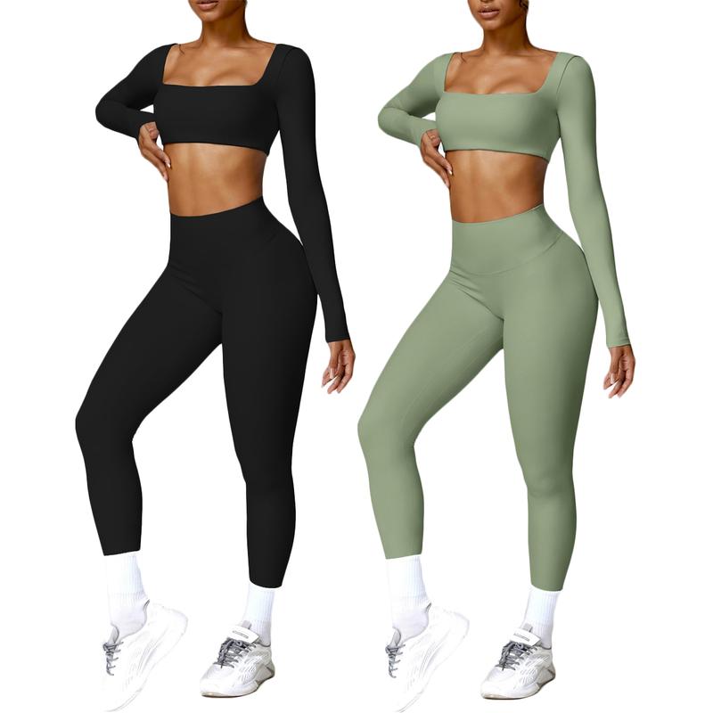 2-Pack Workout Sporty Jumpsuit For Women Built-in Bra Long Sleeve Romper Square Neck Tank Top Gym Yoga Jumpsuit