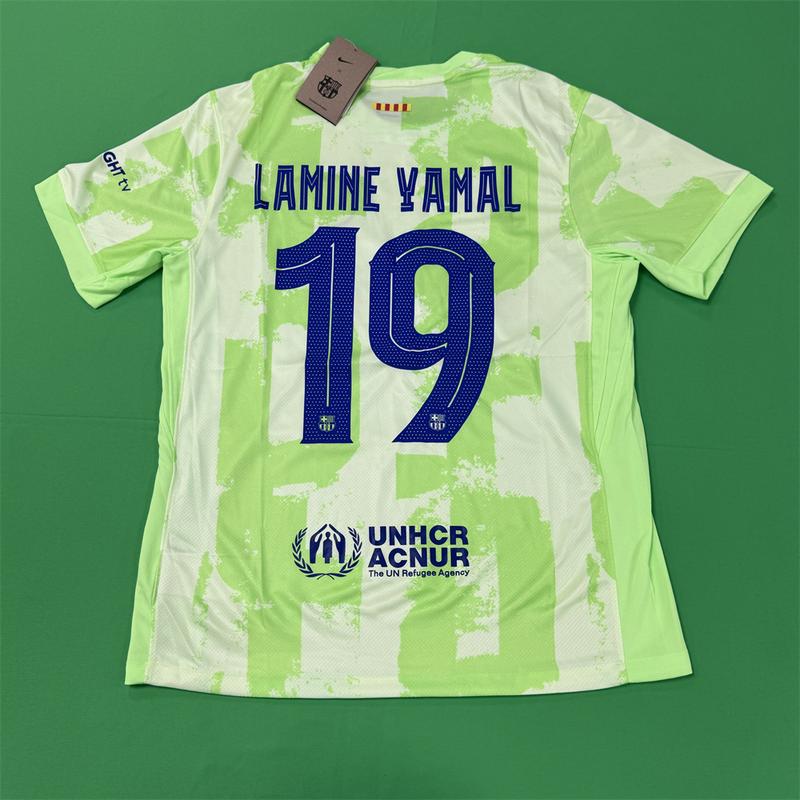 NIKE 2425 FC Barcelona Second away Green and White Short Sleeve Top No.19 Lamine Yamal Retro 125th Anniversary Special Edition Soccer Jerseys Quick Drying