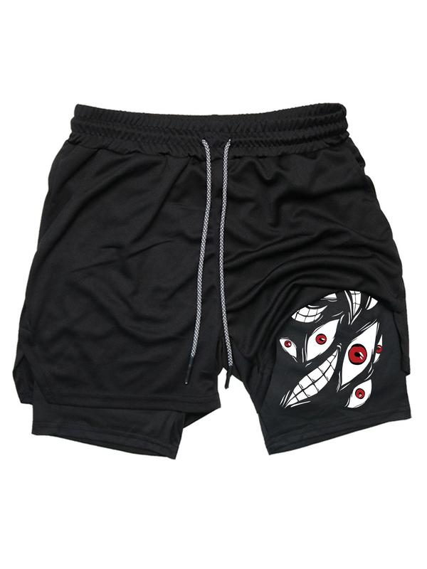 Men's 2 in 1 Drawstring Waist Graphic Sports Shorts, Regular Fit Sporty Breathable Quick Drying Towel Loop Design Pocket Shorts for Gym Workout Running, Men's Sportswear for Summer, Fall Outfits, Fallfreshness Clothes, Gym Clothing, Gym Shorts