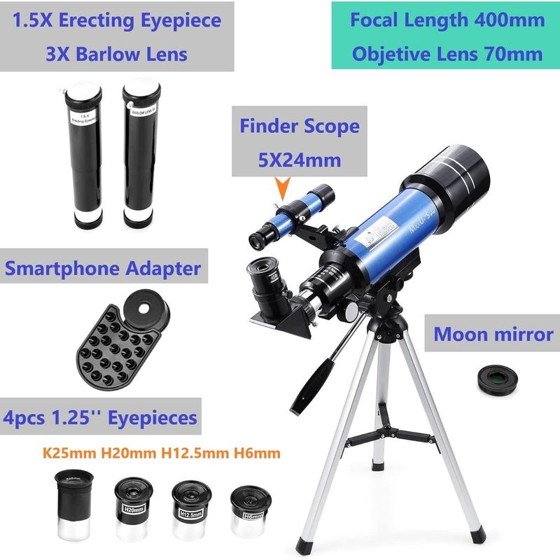 70mm Telescope for  & Astronomy Beginners, Refractor Telescope with Tripod & Finder Scope, Portable Telescope with 4 Magnification eyepieces & Phone Adapter Blue