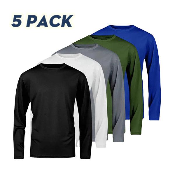 OKP Five Pack Men's UPF Solid Color Round Neck Long Sleeve T-shirt, Breathable Long Sleeve Shirt, Indoor and Outdoor Sportswear Fitness Exercise