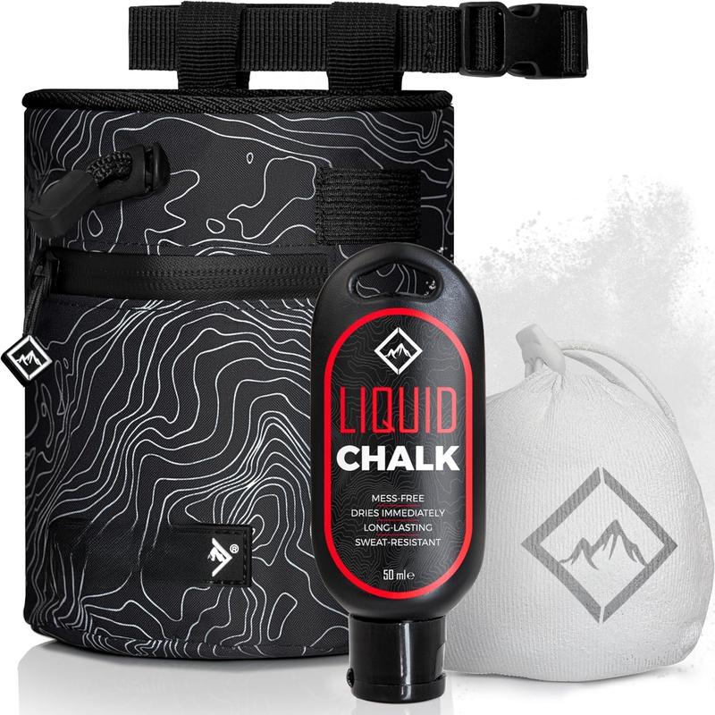 Chalk Bag + Chalk Ball + Liquid Chalk - Iconic Topographical Map, Draw String Closure, 2 Zippered Pockets, & Brush Holder - Chalk Bag for Rock Climbing, Bouldering, Weightlifting, Gymnastics