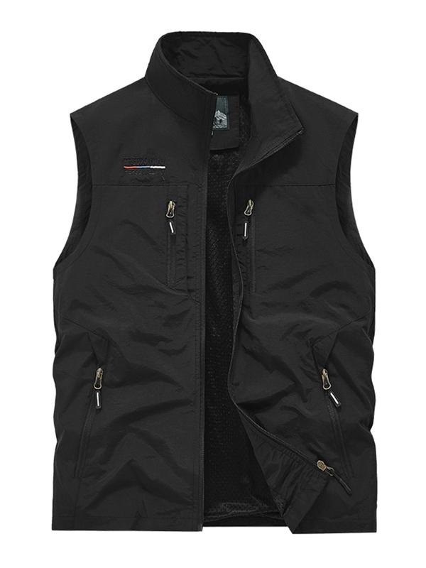 Men's Letter Embroidery Pocket Zipper Sports Vest, Regular Fit Sporty Sleeveless Stand Collar Lightweight Outerwear for Outdoor Activities, Men's Sportswear for Fall & Winter