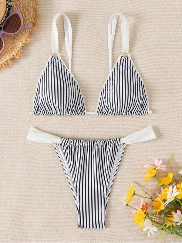 Two-Piece Set Women's Colorblock Striped Print Bikini Set, Casual Tie Backless Swim Bra & Swim Panty, Fashion Chic Ladies Bathing Suit for Beach Holiday Vacation