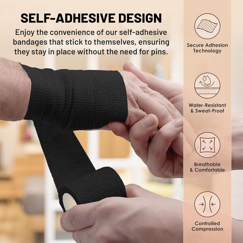 Self-Adherent Cohesive Bandage - 12 Pack Bulk | Black Self-Adhering Medical Wrap | 2