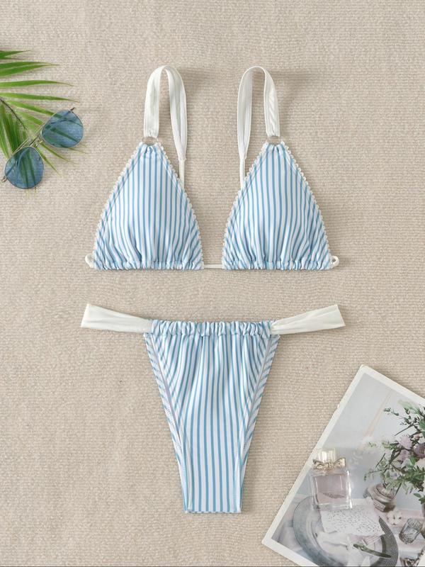 Two-Piece Set Women's Colorblock Striped Print Bikini Set, Casual Tie Backless Swim Bra & Swim Panty, Fashion Chic Ladies Bathing Suit for Beach Holiday Vacation