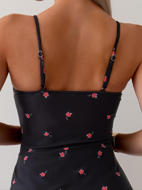 Women's Ditsy Floral Print 2 in 1 Knot One-piece Swimsuit, Casual Adjustable Strap Sleeveless Swimwear for Summer, Ladies Swimsuit for Beach Holiday Vacation