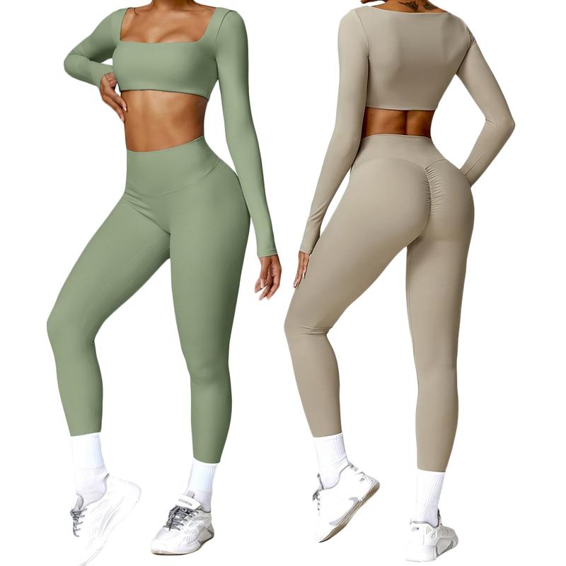 2-Pack Workout Sporty Jumpsuit For Women Built-in Bra Long Sleeve Romper Square Neck Tank Top Gym Yoga Jumpsuit