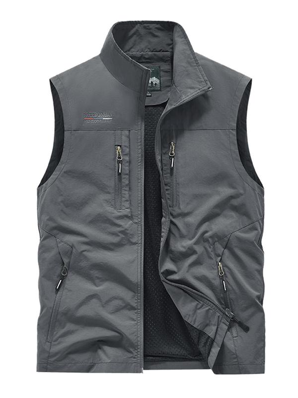 Men's Letter Embroidery Pocket Zipper Sports Vest, Regular Fit Sporty Sleeveless Stand Collar Lightweight Outerwear for Outdoor Activities, Men's Sportswear for Fall & Winter