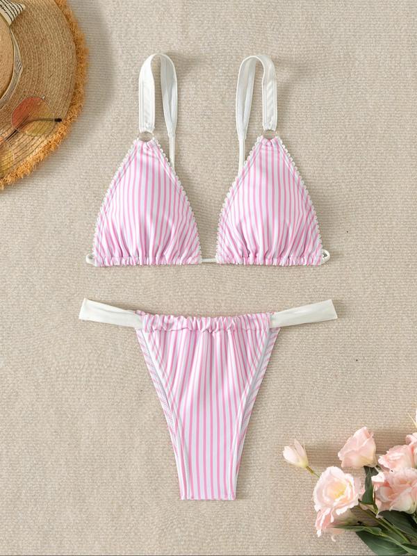 Two-Piece Set Women's Colorblock Striped Print Bikini Set, Casual Tie Backless Swim Bra & Swim Panty, Fashion Chic Ladies Bathing Suit for Beach Holiday Vacation