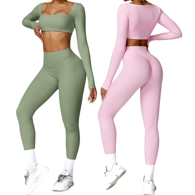 2-Pack Workout Sporty Jumpsuit For Women Built-in Bra Long Sleeve Romper Square Neck Tank Top Gym Yoga Jumpsuit