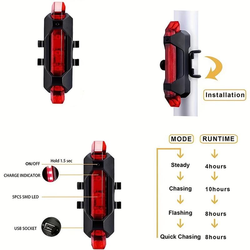 USB Rechargeable Motorcycle LED Light, Waterproof Bicycle Light, 3-Modes Headlight Taillight, Safety Warning Light, Bicycle Accessories