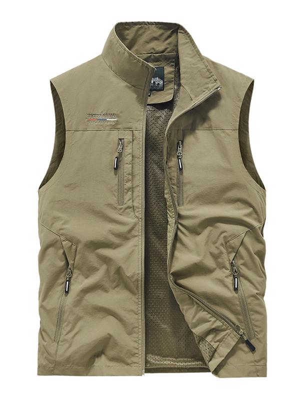 Men's Letter Embroidery Pocket Zipper Sports Vest, Regular Fit Sporty Sleeveless Stand Collar Lightweight Outerwear for Outdoor Activities, Men's Sportswear for Fall & Winter