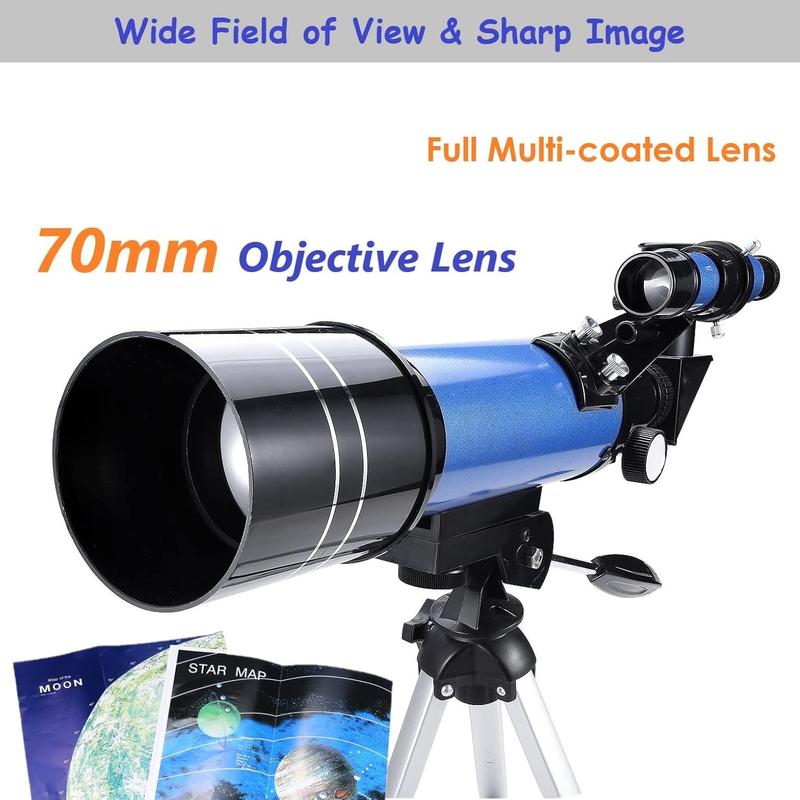 70mm Telescope for  & Astronomy Beginners, Refractor Telescope with Tripod & Finder Scope, Portable Telescope with 4 Magnification eyepieces & Phone Adapter Blue