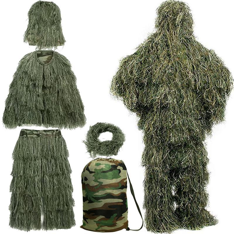 Slsy 5 in 1 Ghillie Suit, 3D Camouflage Hunting Apparel Including Jacket, Pants, Hood, Carry Bag Suitable for Unisex Adults Youth (M L XL XXL)