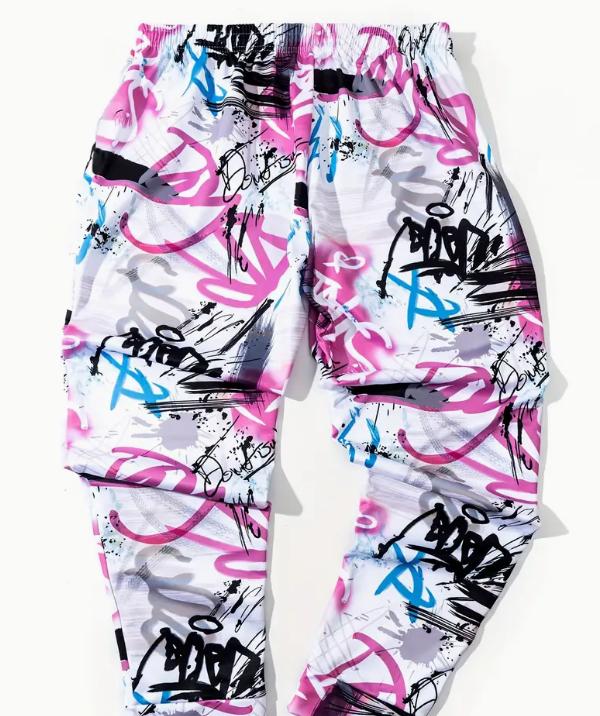 Stretchy Graffiti Print Joggers - Loose Fit, Slightly Elastic, Machine Washable, Polyester Fabric, Casual Style for Spring and Autumn - Mens Drawstring Sweatpants