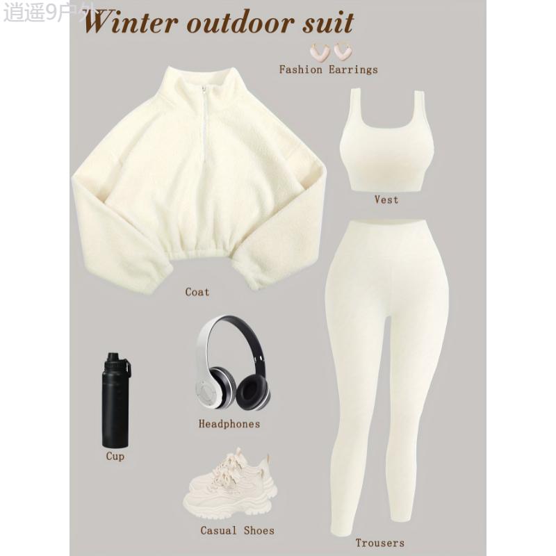 3-Piece Set Soft Knit High-Waisted Sports Outfit for Women, Half-Zip Plush Jacket, Fitness Set for Fall & Winter