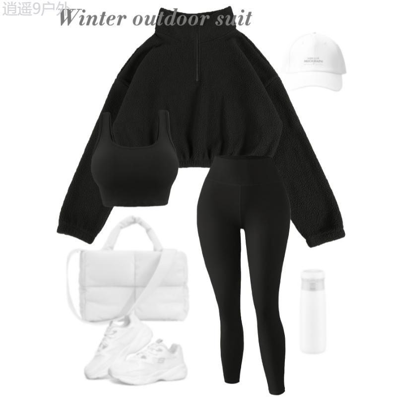 3-Piece Set Soft Knit High-Waisted Sports Outfit for Women, Half-Zip Plush Jacket, Fitness Set for Fall & Winter